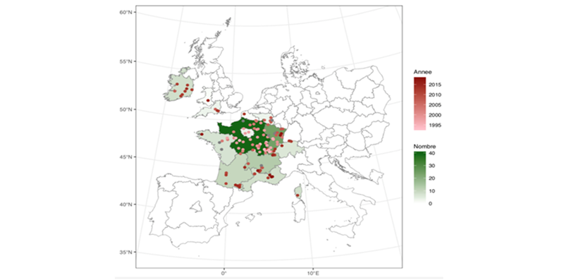 Kaart met daarop in kleur aantal en jaar van uitkapbossen in Europa.