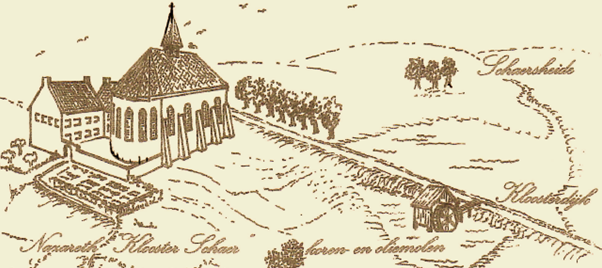 Gedetailleerde schets met ligging van het klooster, Bredevoortse Broek, de kluizenaarsplaats en de kloosterdijk met watermolen. Tekening: Bram Obbink