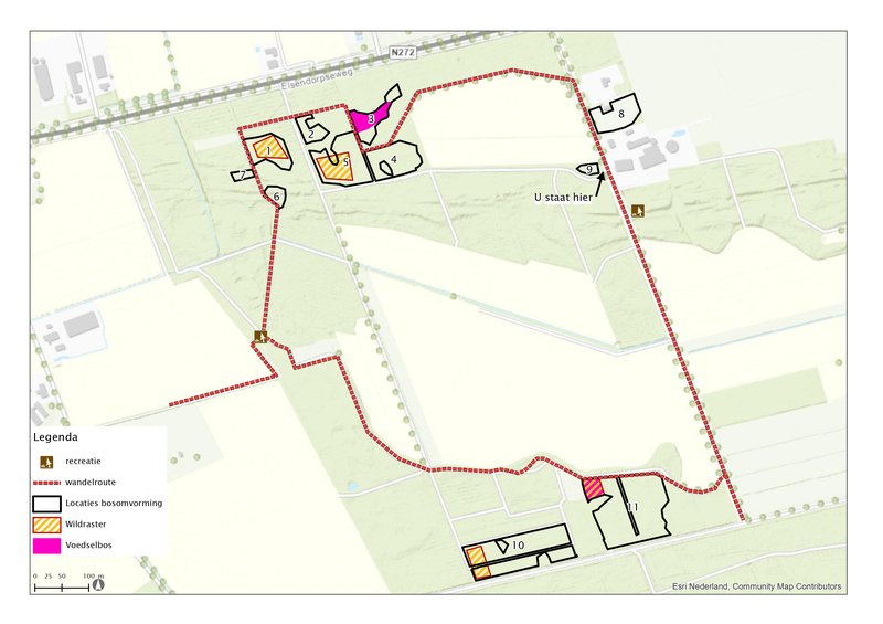 Kaartje met locaties en wandelroute