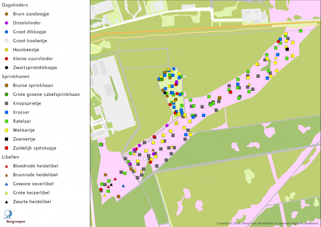 Voorbeeldkaartje met soorten (insecten) en locaties