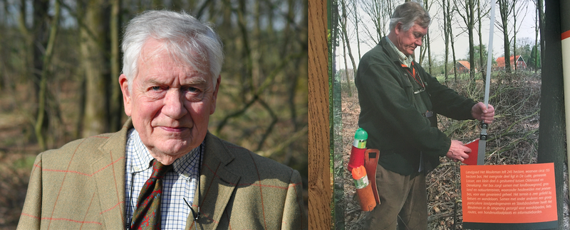 Links: een portret. Rechts: een krantenartikel met geportretteerde aan het werk in het bos.
