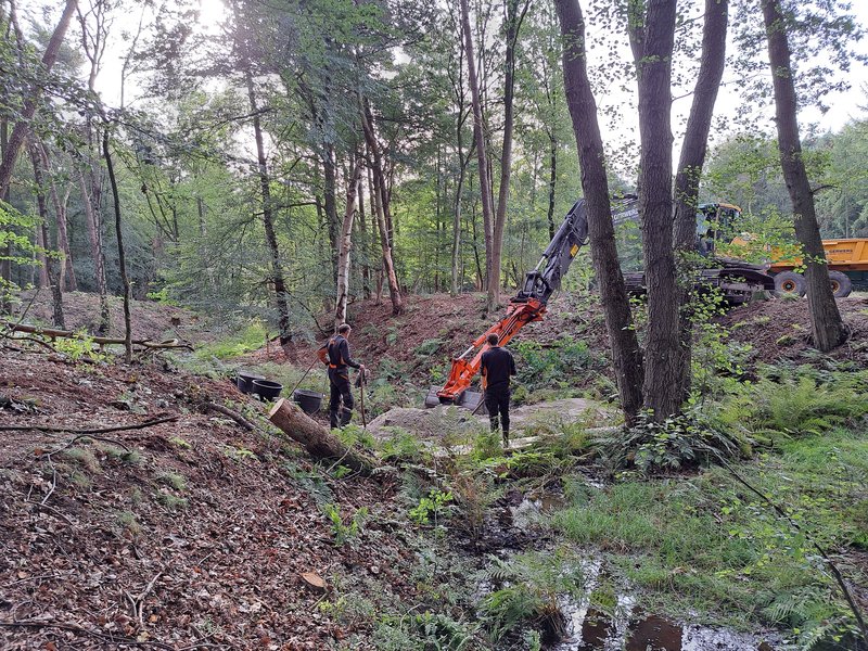 De verrijker in actie (hier met graafbak); om de kwetsbare bronbodem te ontzien wordt ‘op afstand’ gewerkt.