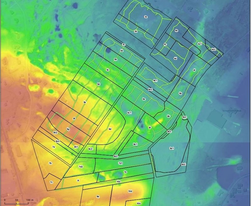 Kaart met de vastgelegde nieuwe permanente dunningspaden (groen). De zwarte lijnen zijn de grenzen van de beheereenheden. De resterende 40% van het landgoed krijgt pas bij de volgende oogst vaste machinepaden, waarbij lessen uit de eerste fase worden meegenomen.